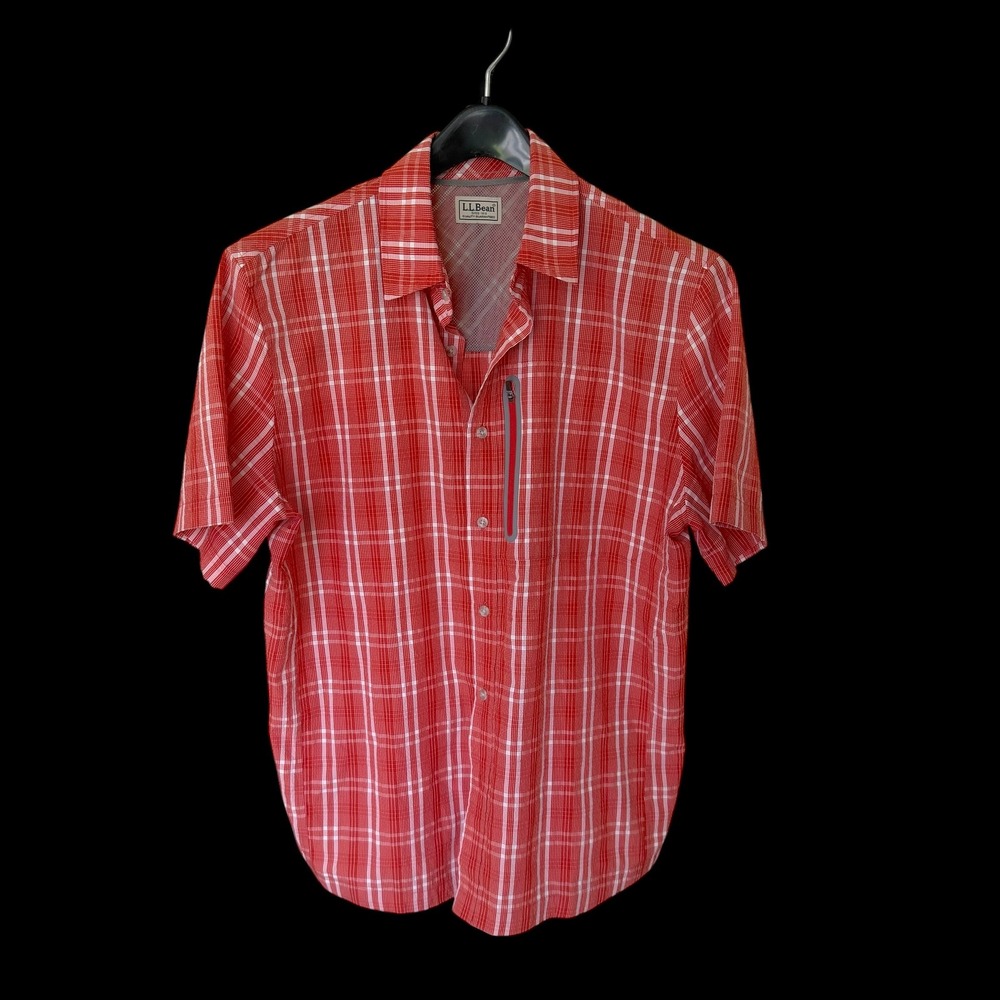 LL Bean Red Plaid Short Sleeve Hiking Shirt Zipper Pocket 288075 Size‎ M REG